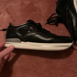 Hogan Black Runners with black sequins & silver detail wedge and collar.